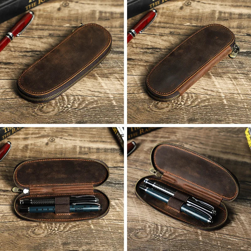 Vintage Crazy Horse Leather Pen Pouch 2 Pen Case Handmade Elliptical Zipper Bag Fountain Pen Holder Stationery Gift for Writers