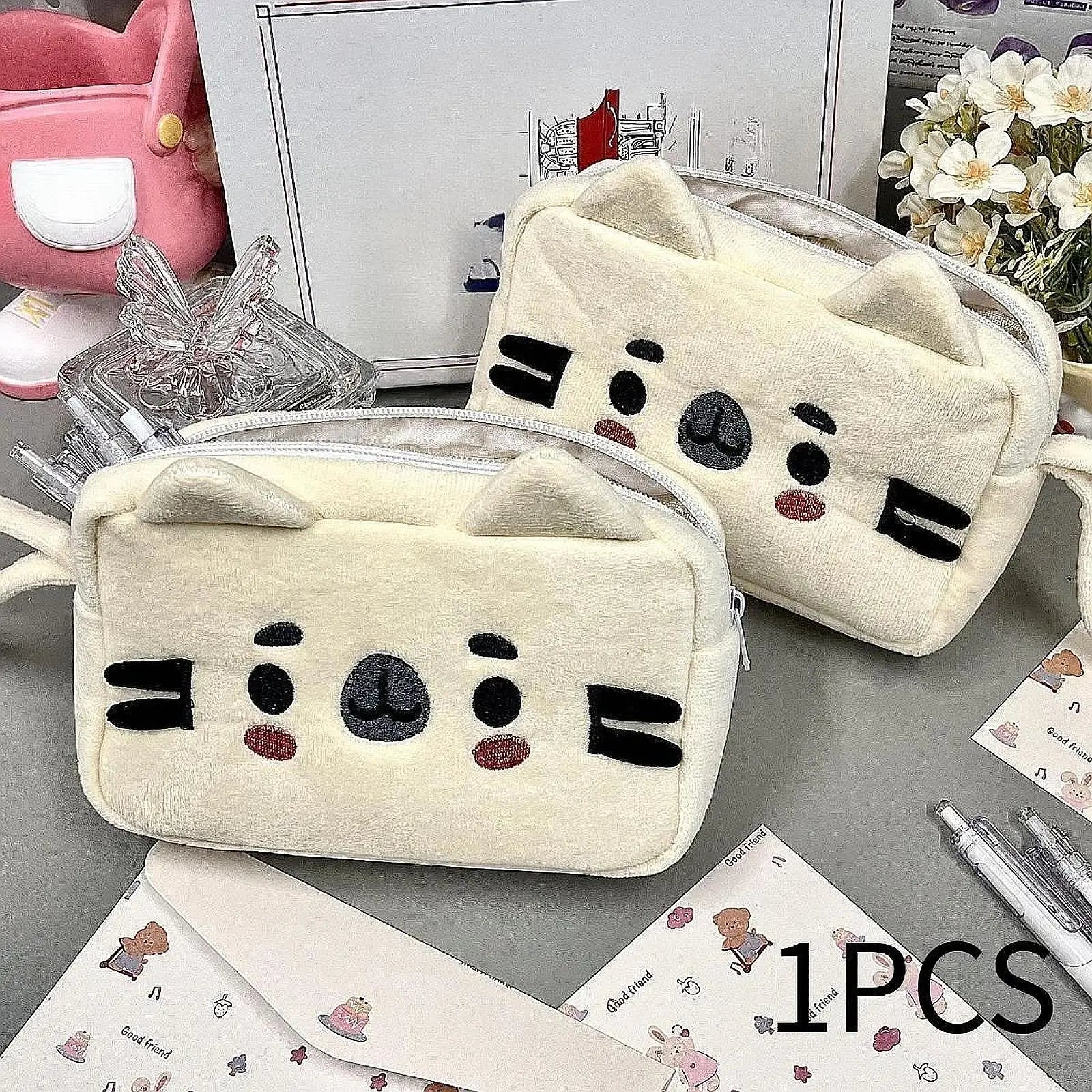 Plush Pencil Case Cute Cat Makeup Bag Large Capacity Portable Plush Animal Stationery Storage Pouch Zipper Closure Pen Case