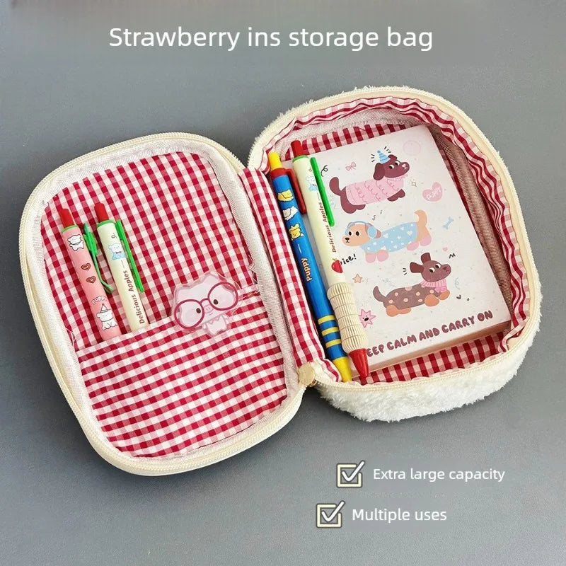Cute Ins Plush Strawberry Stationery Storage Bag Fuzzy Cosmetic Pouch Large Capacity Multifunctional Pencil Case for Daily Use