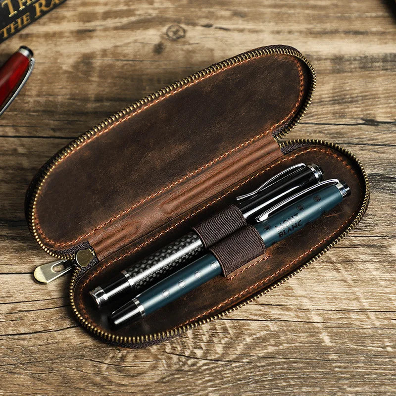 Vintage Crazy Horse Leather Pen Pouch 2 Pen Case Handmade Elliptical Zipper Bag Fountain Pen Holder Stationery Gift for Writers