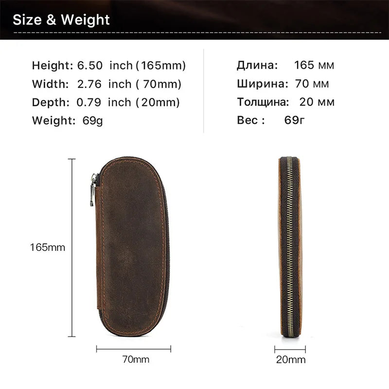 Vintage Crazy Horse Leather Pen Pouch 2 Pen Case Handmade Elliptical Zipper Bag Fountain Pen Holder Stationery Gift for Writers