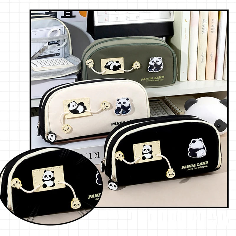 1 kawaii panda pencil bag, stationery storage bag for boys and girls, large capacity, 2 compartments, school student office stat