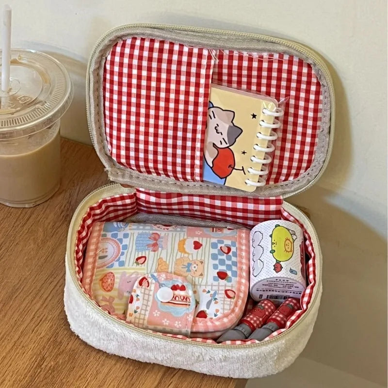 Cute Ins Plush Strawberry Stationery Storage Bag Fuzzy Cosmetic Pouch Large Capacity Multifunctional Pencil Case for Daily Use